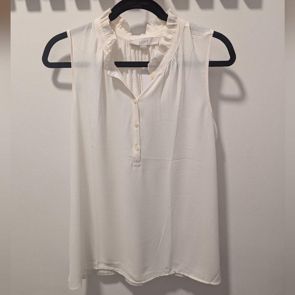 LOFT Women's Cream Ruffled Sleeveless Blouse